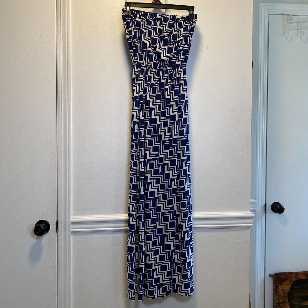 5th & Love Blue White Geometric Strapless Maxi Dress Size Small Boho Date Night